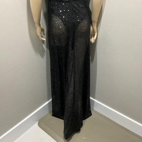 LUXXEL Black Sequin gown, high-slit & sexy deep v-neck front & back NWOT  sz S - Picture 7 of 11